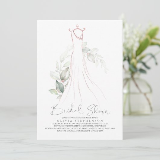 Elegantes Greenery and Wedding Dress Brautparty I Einladung (Stehend Vorderseite)