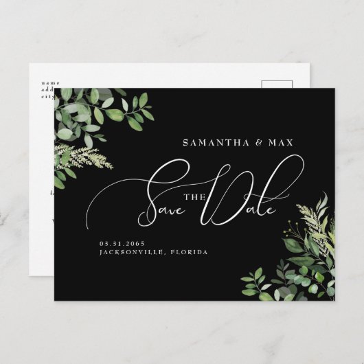 Elegantes Greenery Black Foto Save the Date Ankündigungspostkarte (Vorne/Hinten)