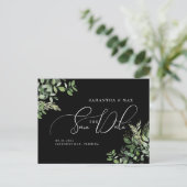 Elegantes Greenery Black Foto Save the Date Postkarte (Stehend Vorderseite)