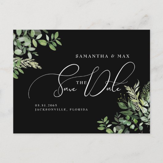 Elegantes Greenery Black Foto Save the Date Postkarte (Vorderseite)