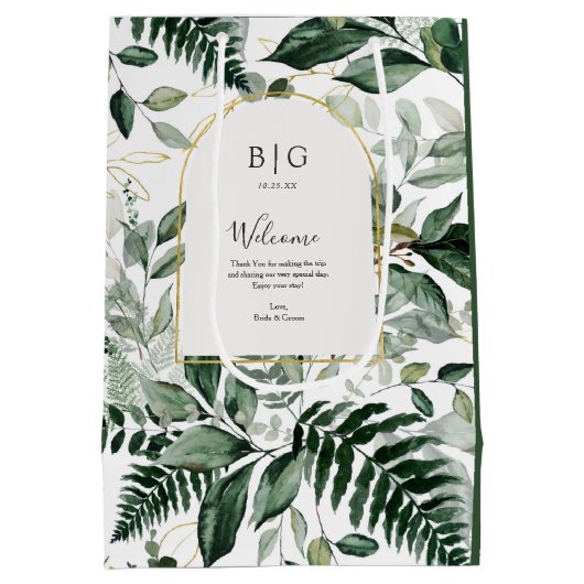 Elegantes Greenery Botanical Wedding Gästehaus Mittlere Geschenktüte (Rückseite)