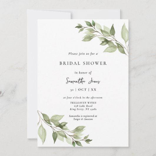 Elegantes Greenery Foliage Brautparty Einladung (Vorderseite)
