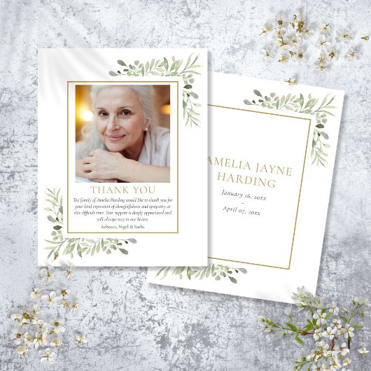 Elegantes Greenery Gold Beerdigung Foto Dankeskarte