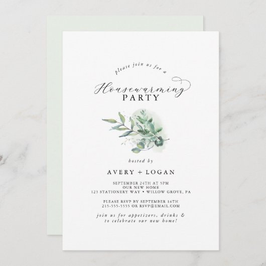 Elegantes Greenery Housewarming Party Einladung (Vorne/Hinten)