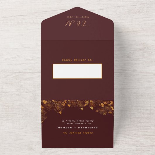 Elegantes, großartiges Burgund & Gold florales Fol All In One Einladung (Außenbereich)