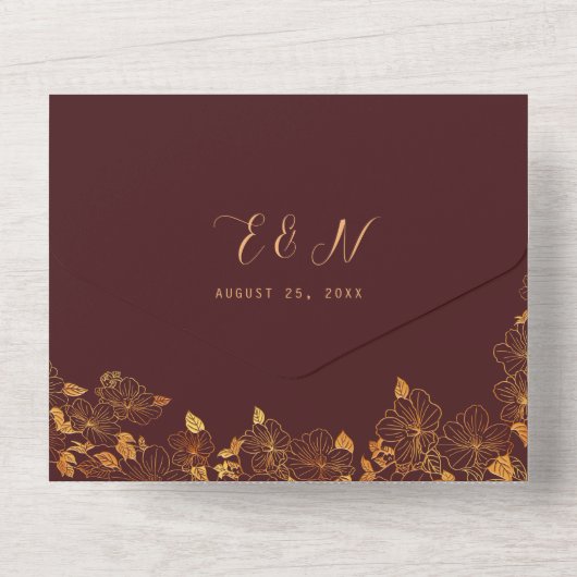 Elegantes, großartiges Burgund & Gold florales Fol All In One Einladung (Rückseite)