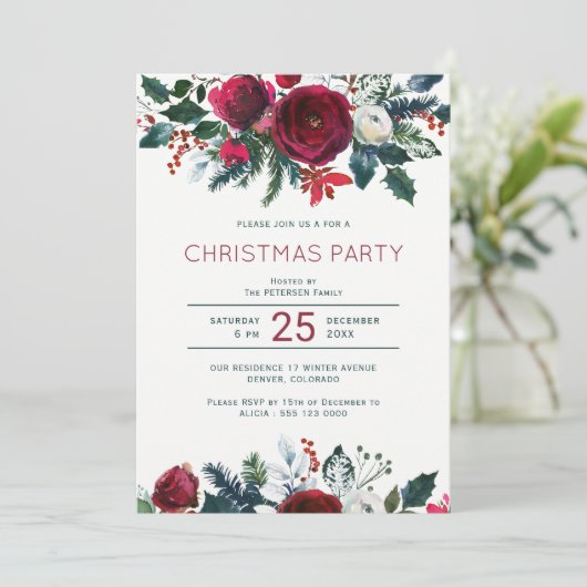 Elegantes, grün blühendes Weihnachtsfest Party Einladung (Stehend Vorderseite)