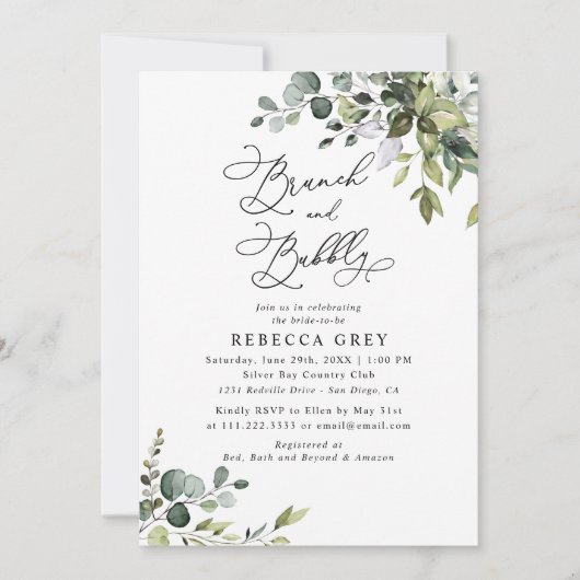 Elegantes Grün Brunch & Bläschendusche Einladung (Vorderseite)