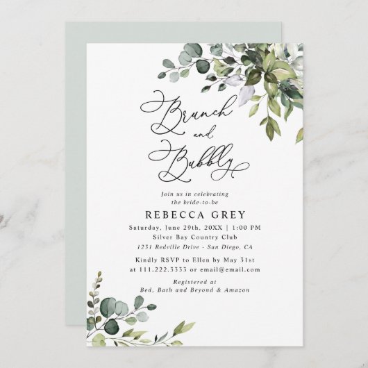 Elegantes Grün Brunch & Bläschendusche Einladung (Vorne/Hinten)