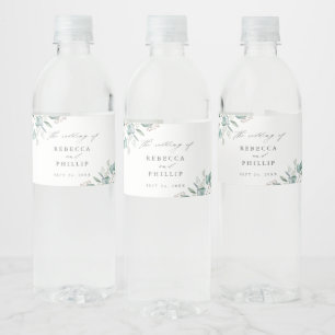 Elegantes Grün Eukalyptus Aquarell Hochzeit Wasserflaschenetikett