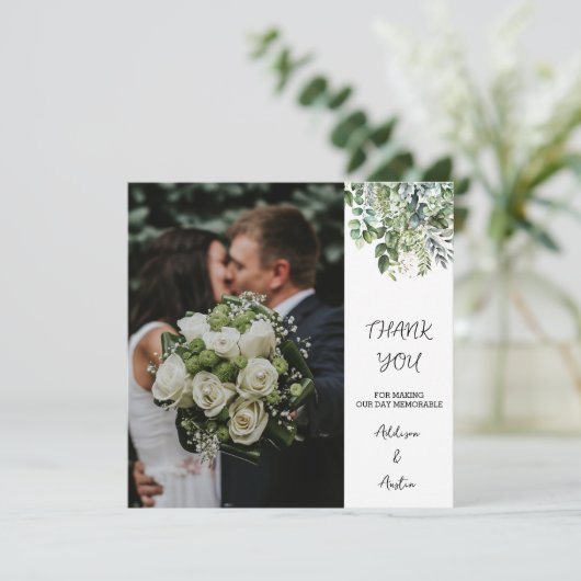 Elegantes Grün Foto Hochzeit Dankeskarte (Stehend Vorderseite)
