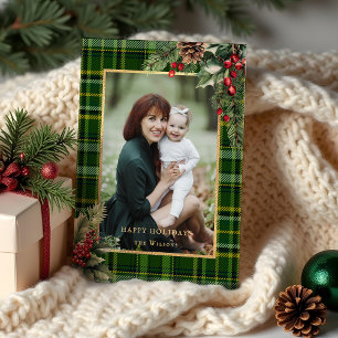 Elegantes Grün/Gold Kariert Holly Weihnachten Foto