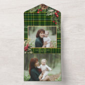 Elegantes Grün/Gold Kariert Holly Weihnachten Foto All In One Einladung (Innen Boden)