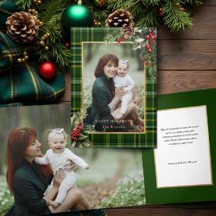 Elegantes Grün/Gold Kariert Holly Weihnachten Foto Dreifach Gefaltete Karte