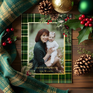 Elegantes Grün/Gold Kariert Holly Weihnachten Foto Folien Feiertagskarte