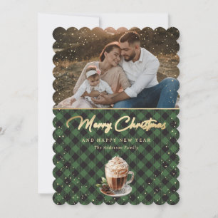 Elegantes grün-goldenes Karo-Foto Frohe Weihnachte Feiertagskarte