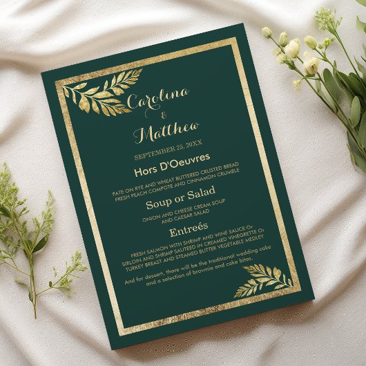 Elegantes, grün-goldenes Menü für Hochzeiten Menükarte