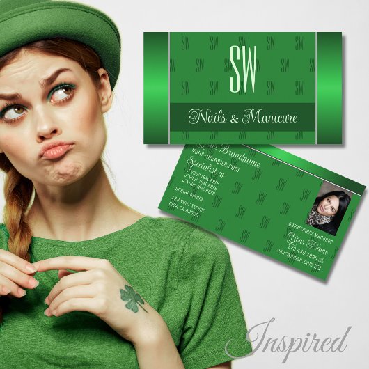 Elegantes Grün mit Foto und Chic Monogram Muster Visitenkarte