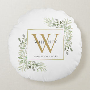 Elegantes Grün mit goldenem Monogramm Rundes Kissen