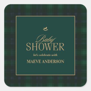 Elegantes Grün-Navy-Gold-Karo-Tartan-Baby-Shower Quadratischer Aufkleber
