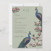 Elegantes Grün Pfau und Blume Hochzeit Einladung (Vorderseite)