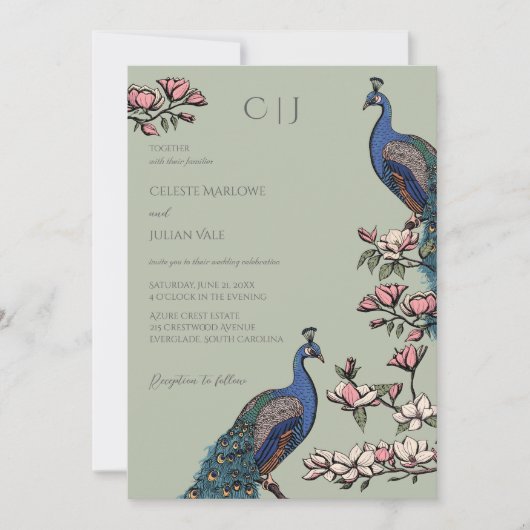 Elegantes Grün Pfau und Blume Hochzeit Einladung (Vorderseite)