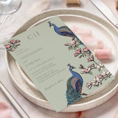 Elegantes Grün Pfau und Blume Hochzeit Einladung