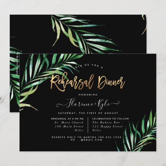 Elegantes Grün Probe Dinner, Palmen Einladung (Vorne/Hinten)