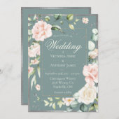 Elegantes Grün Rosa Blush Wasserfarben Blumenzehen Einladung (Vorne/Hinten)