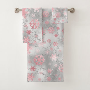 Elegantes Grün-Rosa Weihnachtsschneeflockenmuster Badhandtuch Set