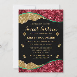Elegantes Grün Rot & Gold Schneeflocke Sweet 16 Einladung