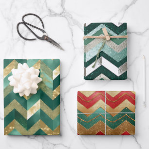 Elegantes Grün-Rot-Metall-Silber-Chevron-Muster Geschenkpapier Set