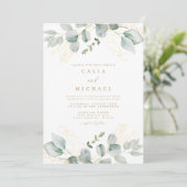 Elegantes Grün und Gold Foto Hochzeit Einladung (Stehend Vorderseite)