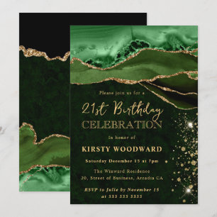 Elegantes Grün und Gold Glitter-Achat Geburtstag Einladung