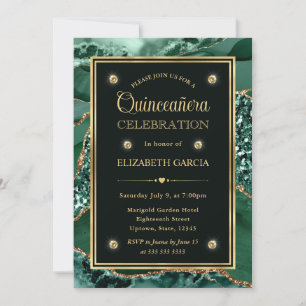 Elegantes Grün und Gold Glitter-Achat Quinceanera Einladung