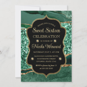 Elegantes Grün- und Gold-Glitter-Achat Sweet Sixte Einladung