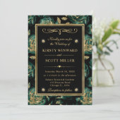 Elegantes Grün und Gold Rose Blumenmuster Hochzeit Einladung (Stehend Vorderseite)