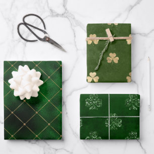 Elegantes Grün und Gold Shamrock St. Patrick's Day Geschenkpapier Set