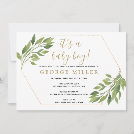 Elegantes Grün und goldene Einladung der Babydusch (Vorderseite)