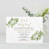 Elegantes Grün und goldene Einladung der Babydusch (Stehend Vorderseite)