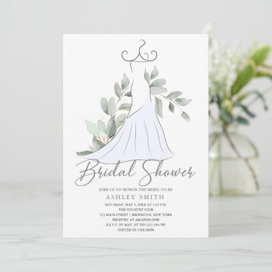 Elegantes Grün und Hochzeitskleid Brautparty Einladung (Stehend Vorderseite)