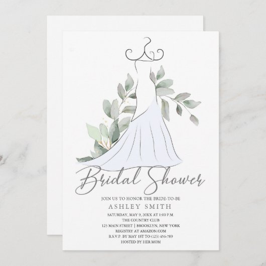 Elegantes Grün und Hochzeitskleid Brautparty Einladung (Vorne/Hinten)