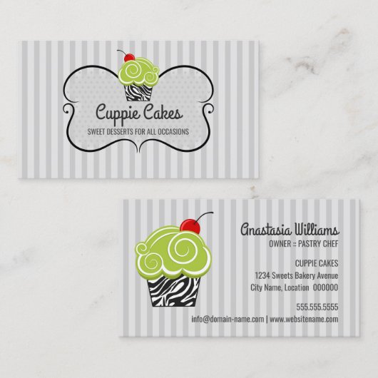 Elegantes Grün und Zebra Muster Cupcake Backen Visitenkarte (Vorne/Hinten)