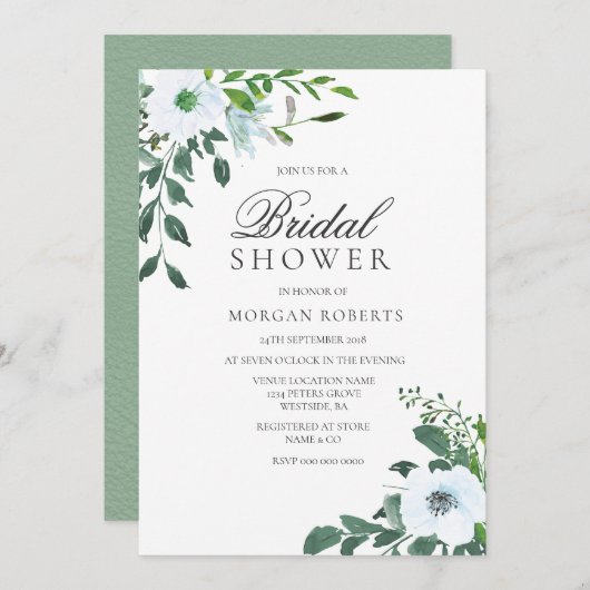 Elegantes Grün Weißes Brautparty Einladung (Vorne/Hinten)