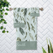 Elegantes Grünes Blätter Botanisches Naturmuster Badhandtuch Set
