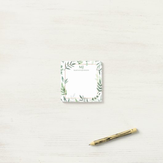 Elegantes grünes Blätter Personalisiert Post-it Klebezettel (Auf Schreibtisch)