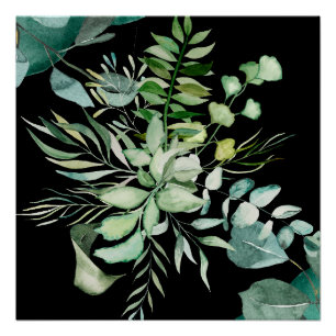 Elegantes grünes Blattwerk Aquarell, schwarzer Hin Poster