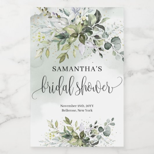 Elegantes grünes Blattwerk Imitate Gold Brautparty Weinetikett (Einzelnes Label)