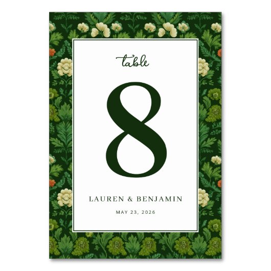 Elegantes grünes Blumendesign Tischnummer (Vorderseite)