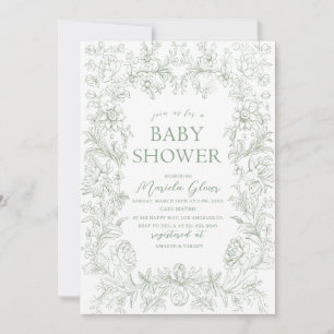 Elegantes, grünes Blumenstrauß Chinoiserie Baby Einladung